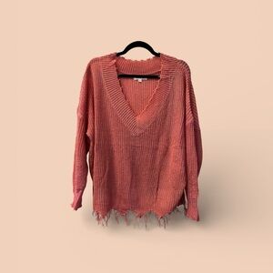 Elegant V-Neck Frayed Hem Sweater - Coral